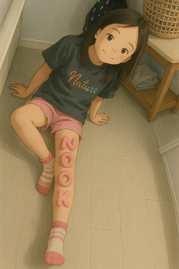 Ellie from NOOOK smiling with NOOK letters on her leg